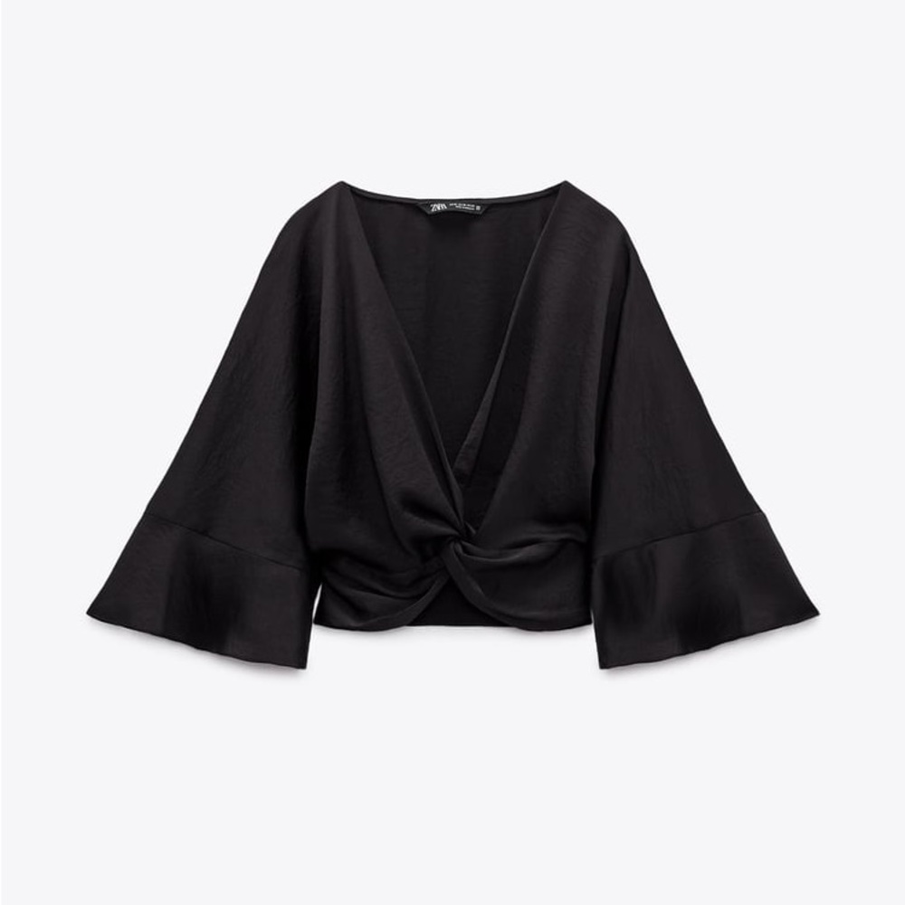 Zara Satin Bell Sleeve Crop Top Black Size Medium NWT